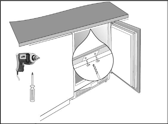 Fastening your Refrigerator to under the Worktop Drill two holes and attach your fridge to the underside of your worktop as shown in figure at left.