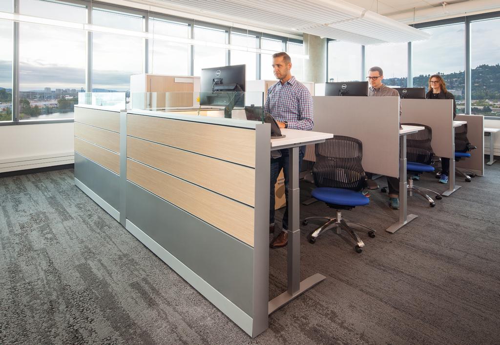 Employees workspaces offer below-desk storage for personal items, as well as a tackboard, whiteboard and other accessories that allow for customization and personalization of their space.