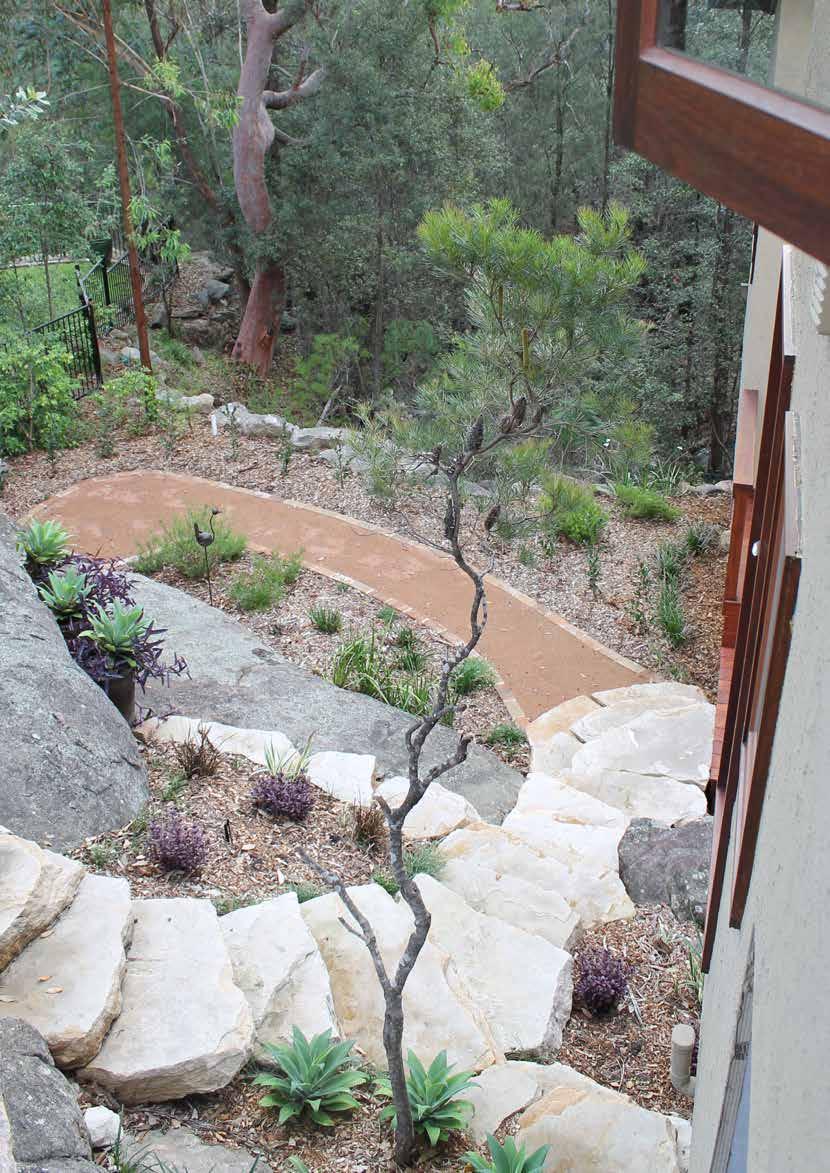 Vantage Point The Landscaped Garden completed this landscaping project on a steep Blue Mountains estate incorporating the huge existing rock shelf.