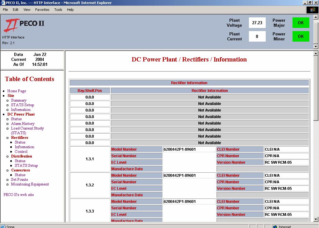 5.1.9 DC POWER PLANT > RECTIFIERS > INFORMATION Figure 37 Selecting "Information" from the "Rectifier" heading located under the "DC Power Plant" menu of the Table of Contents will allow the user to
