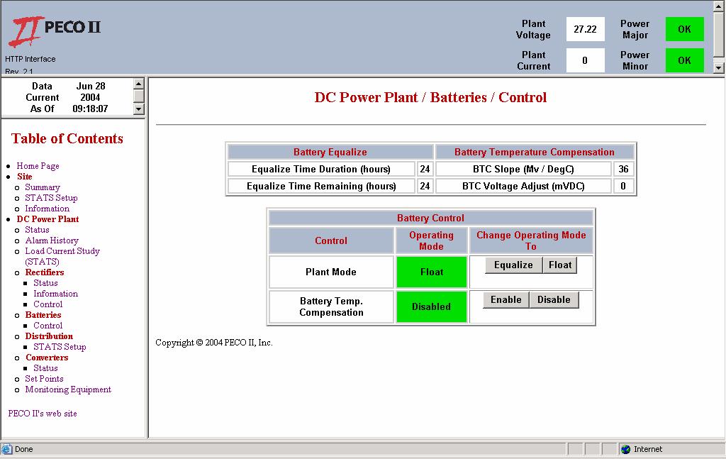 5.1.11 DC POWER PLANT > BATTERIES > CONTROL Figure 39 Selecting "Control" from the "Batteries" heading located under the "DC Power Plant" menu from the Table of Contents will allow the user to view