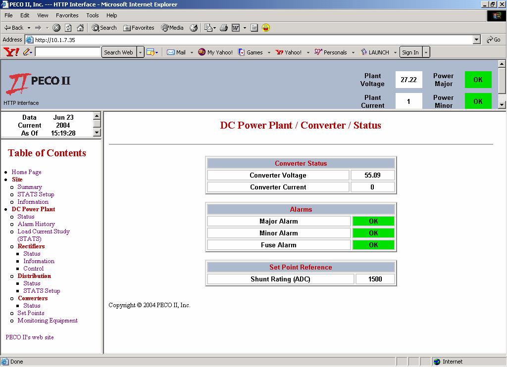 5.1.13 DC POWER PLANT > CONVERTER > STATS Figure 41 Selecting "Status " from the "Converter" heading located under the "DC Power Plant" menu from the Table of Contents