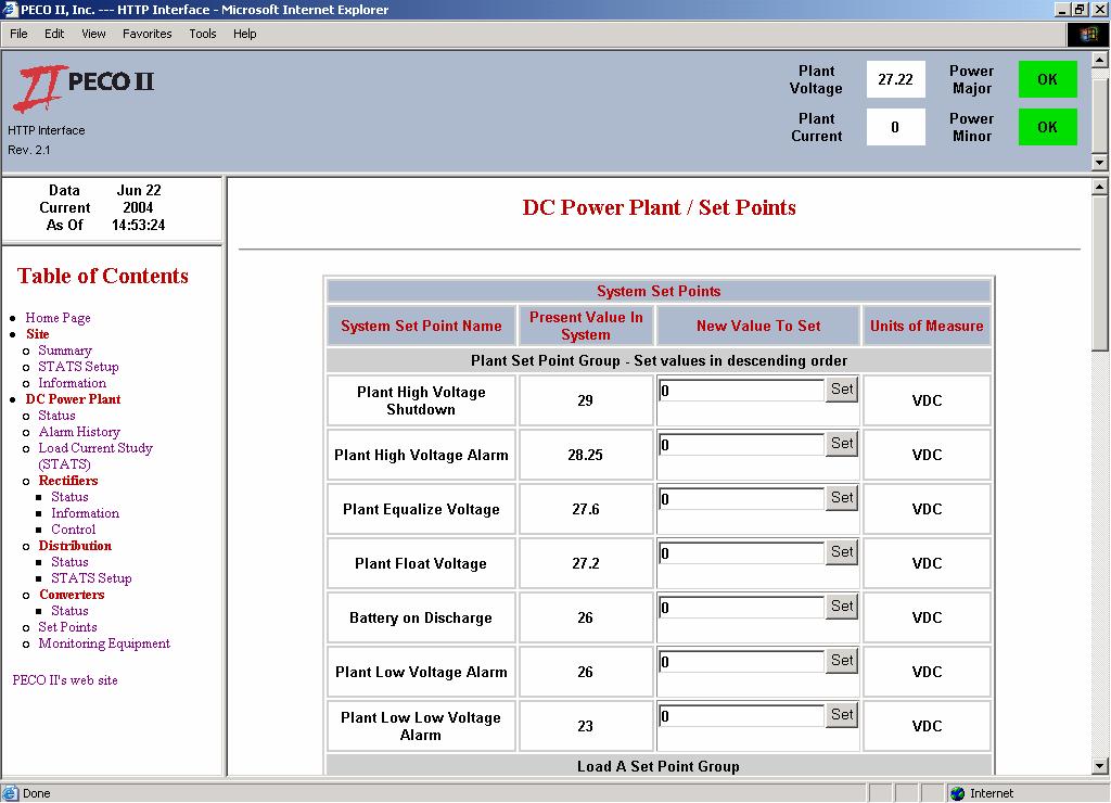 5.1.14 DC POWER PLANT > SET POINTS Figure 42 Selecting "Set Points" from the Table of Contents under "DC Power Plant" will allow the user to access this screen.