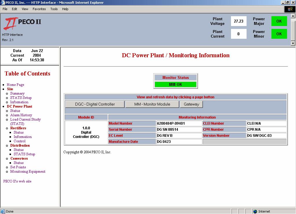 5.1.15 DC POWER PLANT > MONITORING INFORMATION Figure 43 Selecting "Monitoring Information" from the Table of Contents under "DC Power Plant" will allow the user to access this screen.