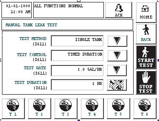 Manually Starting/Stopping Tank Leak Tests Use this screen to manually start or stop a Tank Leak Test. Manual Test Start/Stop Screen 0-0-000 :00 AM MANUAL TANK TEST TANK [9] 4 [0] [] [4] 0.