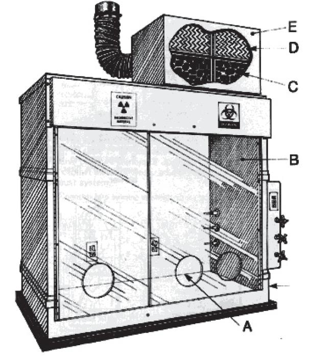 Figure 10. A modified containment cabinet or Class I BSC can be used for labeling infectious microorganisms with I 125. A. arm holes, B.