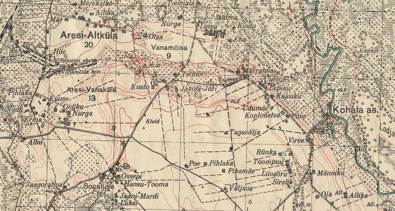 102 Mait Sepp, Taavi Pae, Erki Tammiksaar Joonis 2. Kohala mõis (kaardil Kohal as.) ja selle ümbrus 1930-ndate topograafilisel kaardil. Punaste joontega on tähistatud samakõrgusjooned.