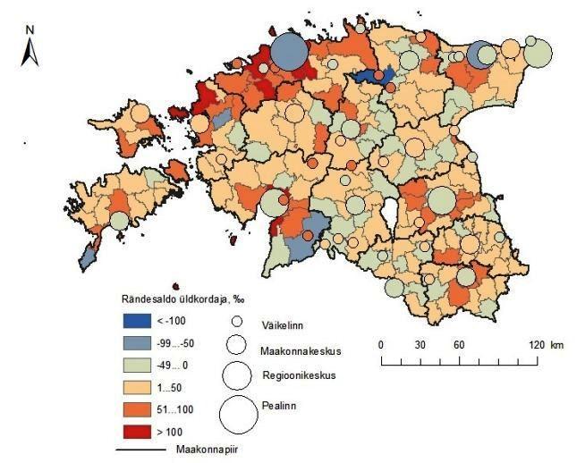 Rahvuserinevused Eesti siserändes aastail 2000 2008 50+ vanuses... 147 Joonis 1. Eestlaste rändesaldo üldkordaja valdades ja linnades ( ).