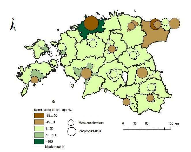 Rahvuserinevused Eesti siserändes aastail 2000 2008 50+ vanuses... 149 Joonis 3. Eestlaste rändesaldo üldkordaja maakonnasiseses hierarhias ( ).