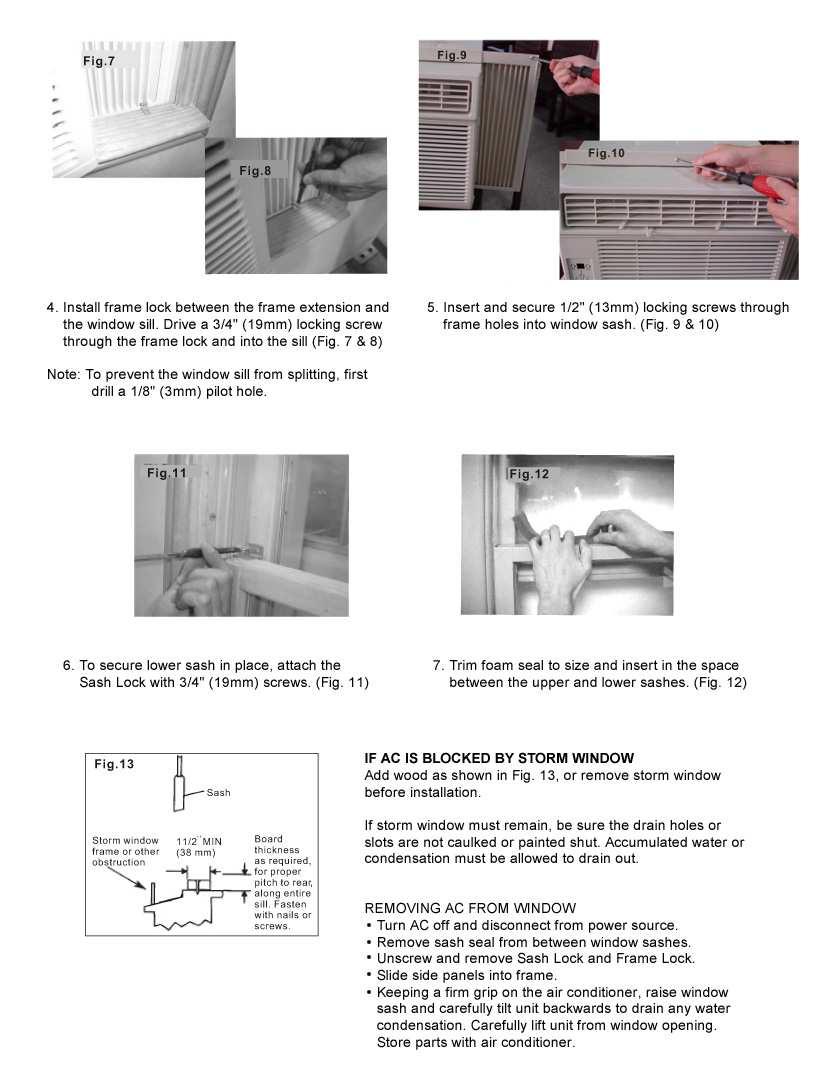 7. Install frame lock between the frame extension and the windowsill. Drive a ¾ (19mm) locking screw through the frame lock and into the sill (Fig.7&8) 6.