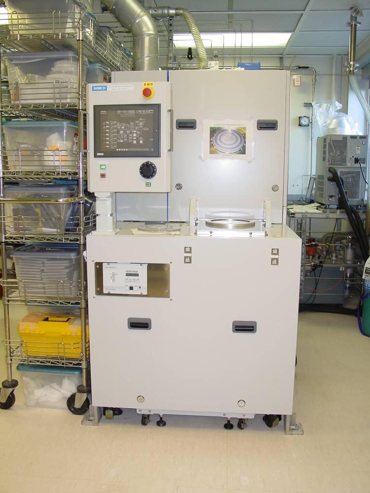 Figure 1. The main unit of the PRISM MNFL Samco RIE800iPB etcher. The chilled water circulator and data log computer are on the right behind the main unit.