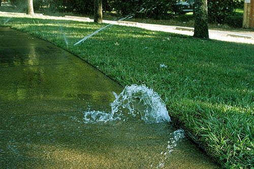 The next notable water waster is a common misunderstanding of lawn watering. Of course broken and misaligned sprinkler heads like the ones shown here should be fixed immediately.