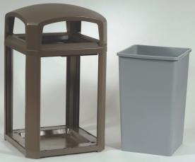 Sidemounted, hinged door offers full interior access for no lift refuse removal. Tie down feature. Standard slide-out bag holder. 25"l x 25"w x 42"h.