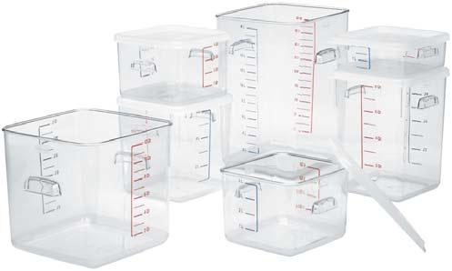 SQUARE SPACE SAVING STORAGE CONTAINERS BREAK-RESISTANT CLEAR POLYCARBONATE Square containers store up to 5% more on a shelf than round containers in the same space.