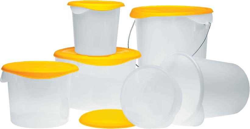 ROUND STORAGE CONTAINERS ECONOMICAL, DURABLE AND EASY TO USE. Available in white polyethylene or semi-clear polypropylene for greater visibility. Stackable in use. Nest for compact storage.