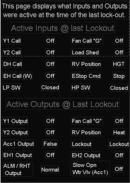 active inputs and active outputs at the time the last lock out occurred. This may help to determine what happened when the unit locks out.