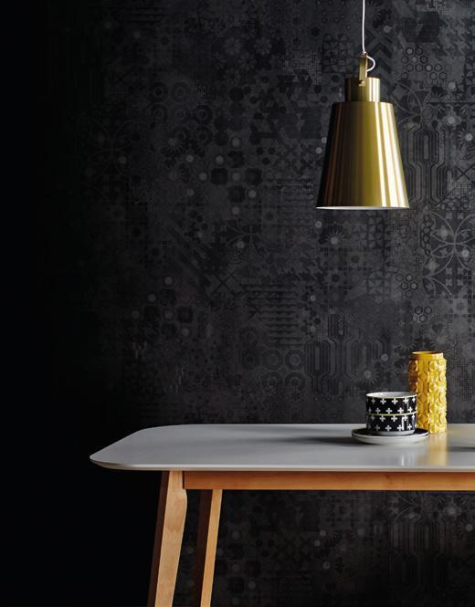 LAMINATE TRIANA CARIÑO DXO 1357S WHEN TIME STOOD STILL Copenhagen gold pendant light; Amelia white dining table; yellow vase; Aura cross-patterned stacking bowls and side plates; double dip stacking