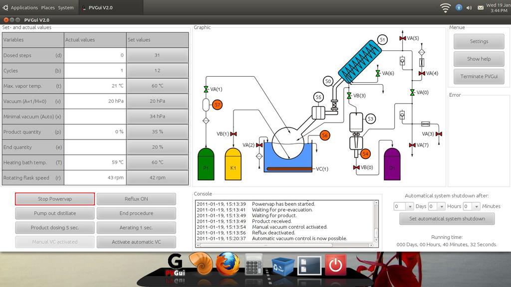 The PVGui interface helps you to configure and control the POWERVAP easily. Do the settings and start the evaporator with the provided mouse.