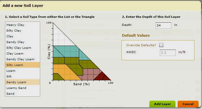 Figure 6 Soil Triangle Tool When the soil layer has been added the calculator will select and calculate a number of soil parameters using the information shown in Table 2.