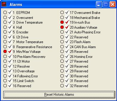 3 Alarms window Speeder One interface allows you to control the history of the drive s alarms and the status of them, by openig "Alarm" window: There are not active alarms There are active alarms