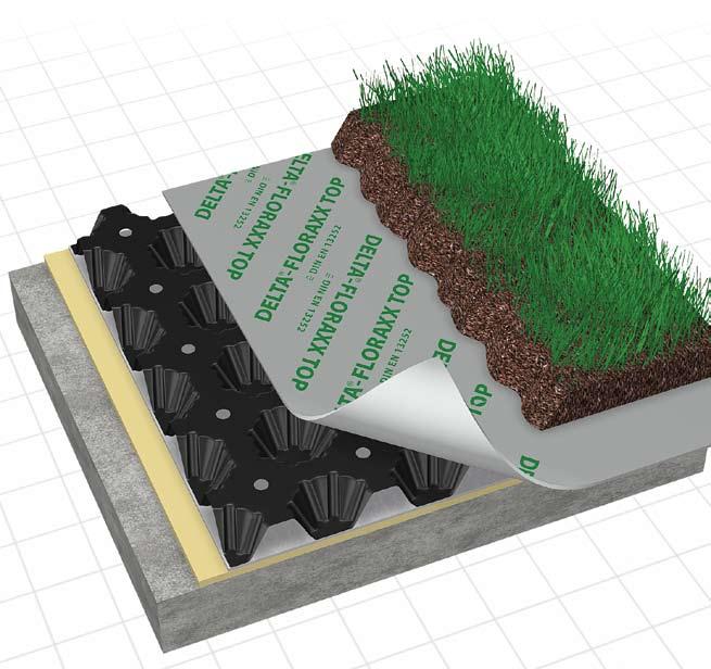 been developed specifically for green roofs. Thanks to its unique dimple structure and its innovative material, its functions include drainage water storage, and an integrated filtration layer on top.