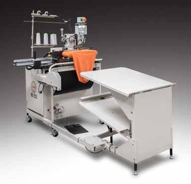This unit incorporates a two-needle coverstitch sewing head with an optional left-hand knife with electro-pneumatic expansion rollers for size control, a state-of-the-art edge guiding system, a