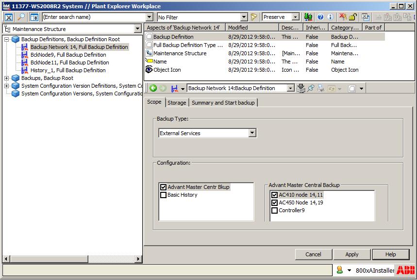 Section 9 Advant Master Central Backup Starting a backup manually 6. In Advant Master Central Backup, select the controller nodes for which the backup must be taken. Figure 71.