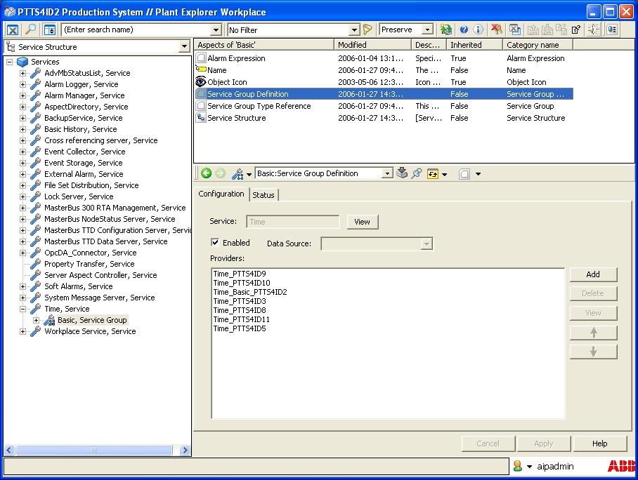 Section 2 Configuration Configuration of Time Synchronization Settings 3. Select the Service Group Definition aspect. Figure 6. Service Structure 4. Select the Configuration tab in the aspect window.