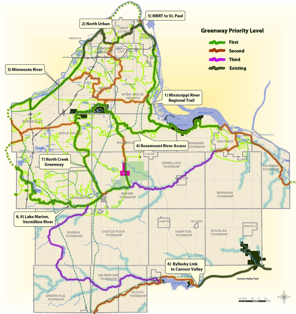 Greenways are a collaborative effort Dakota County will collaborate with cities, schools, and townships to build a greenway network much like the road hierarchy (city greenways, regional greenways).
