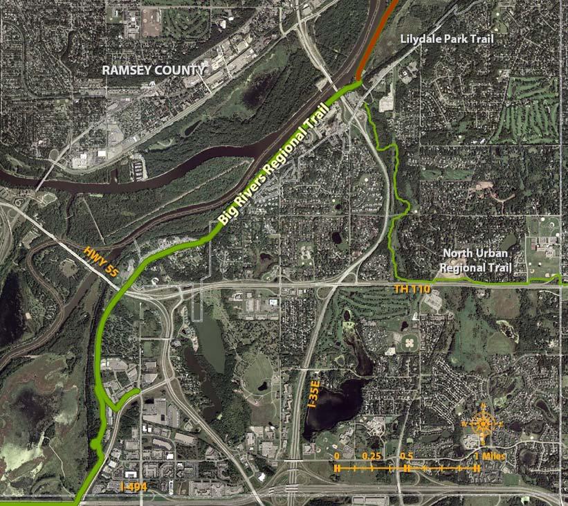 Dakota County s Trails: Big Rivers Regional Trail (BRRT): The Big Rivers Regional Trail spans 4.5 miles from Lilydale Road in Lilydale to I-494 in Eagan.