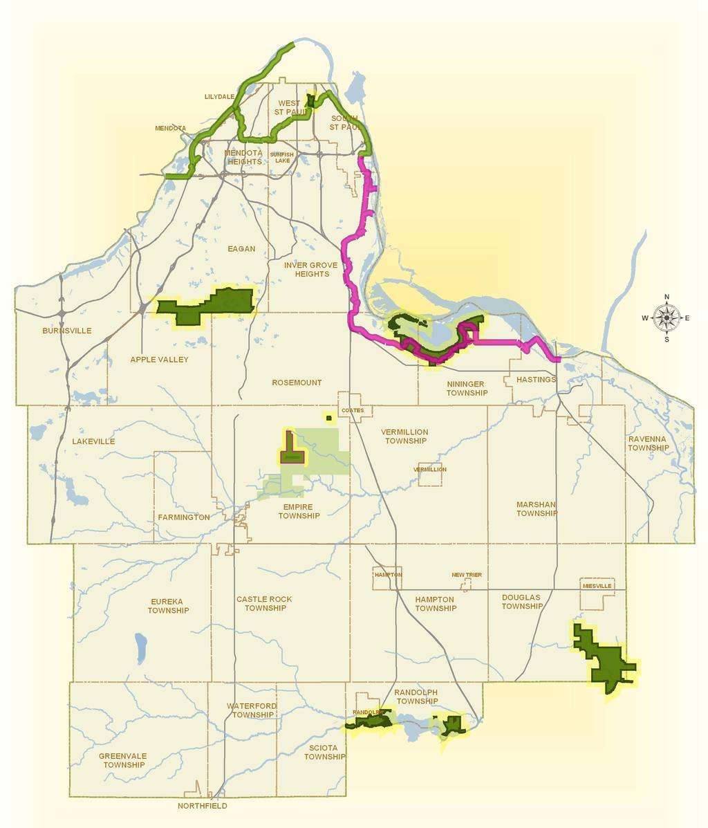 Inventory of Dakota County Parks and Trails Big Rivers Regional Trail (BRRT): 4.5 miles. Scenic views of rivers, bluffs, woods, prairie, and historic landmarks. Thompson County Park: 58 acres.