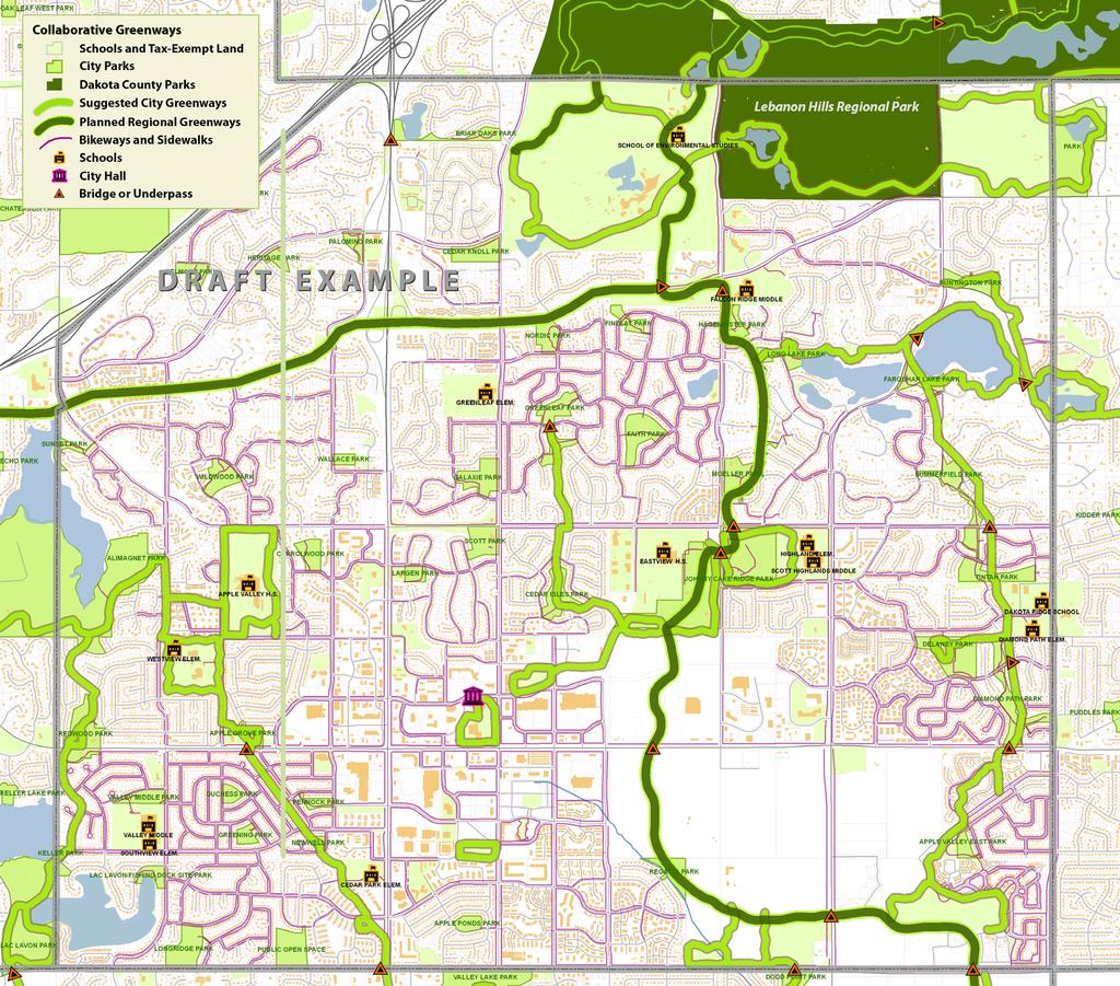 Connected Places: A Closer Look at City and County Collaborative Greenway Planning The example below shows Apple Valley with concept city greenways connecting city parks, schools, lakes, and adjacent