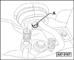 A/C refrigerant system must be discharged before removing heater/air conditioner assembly. - Discharge refrigerant system page 87-201. - Remove bolt -A-.