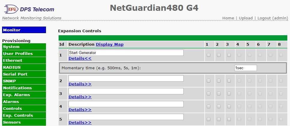 39 0.0 Expansion Controls The NetGuardian control relays can be configured in the Provisioning > Exp. Controls menu.