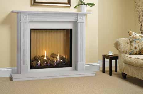 Riva2 Stone Mantels (continued) Riva2 750HL Edge with Fluted Vermiculite lining and Georgian Roundel Mantel, slip sets and large hearth in Antique White Marble.