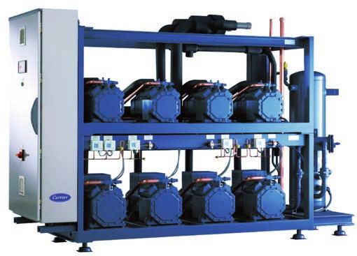 stores and supermarkets Single and dual temperature range Frame with double level construction Semi-hermetic compressor Front side mounted electrical control