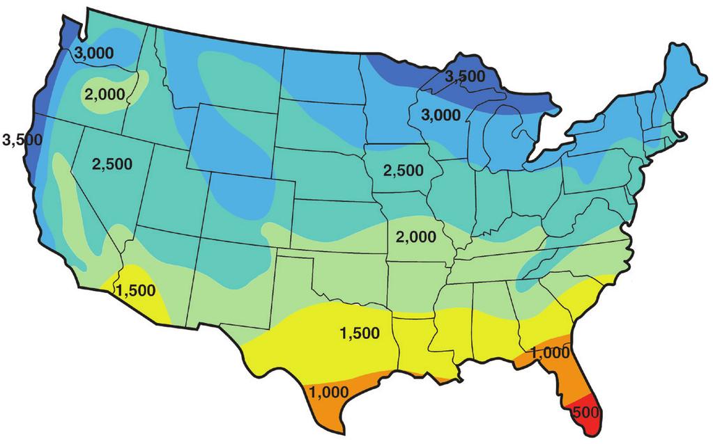 GAS-FIRED, SEPARATED COMBUSTION, HIGH-EFFICIENCY CONDENSING Figure 7.1 - U.S. Average Heat Load Hours Map Use 3500 for Alaska and Canada. Table 7.