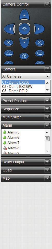 control, selection of cameras, switch groups, preset positions, alarms, etc.
