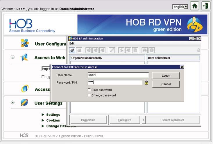 HOB RD VPN Administration HOB RD VPN Figure 40: HOB RD VPN Administration Screen Logon Once you have successfully logged on, the following screen is displayed.