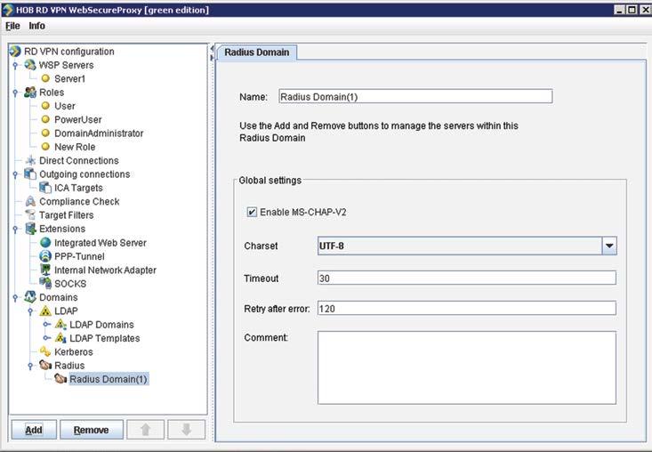 Multi-Tenancy HOB RD VPN Figure 65: Configuring a Radius Domain 4. Click the new Radius Domain item and then the Add button to create a new Radius server.