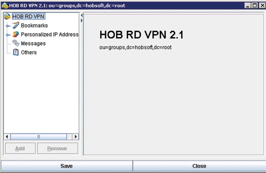 Roles and Users HOB RD VPN Sessions Utilities 8.3.1. Configuring HOB RD VPN 2.1 Under this heading, the following can be configured: User Settings WebSecureProxy 8.3.1.1. Configuring User Settings Under User Settings you can create bookmarks, configure Desktop-on- Demand, create Personalized IP addresses and more.