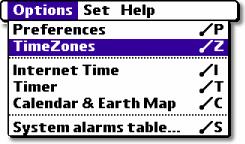 2.2. Time zones. To call time zones settings window (Illustration 4) use OPTIONS TIMEZONES menu command. There is switcher instead home time zone settings in timezone window on Palm OS version 4.