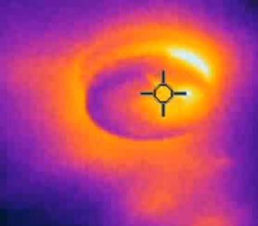 A change in temperature of the ceiling surface is indicated by the bright image in the photograph. The thermal camera was used in to examine the ceiling penetration.