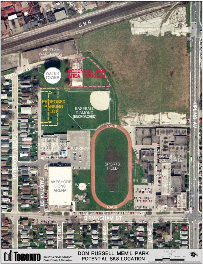 Site Profile: Don Russell Park Key Points Adequate space for facility Reasonable transit access Existing parking at arena/health club Some potential for additional parking Washrooms not readily