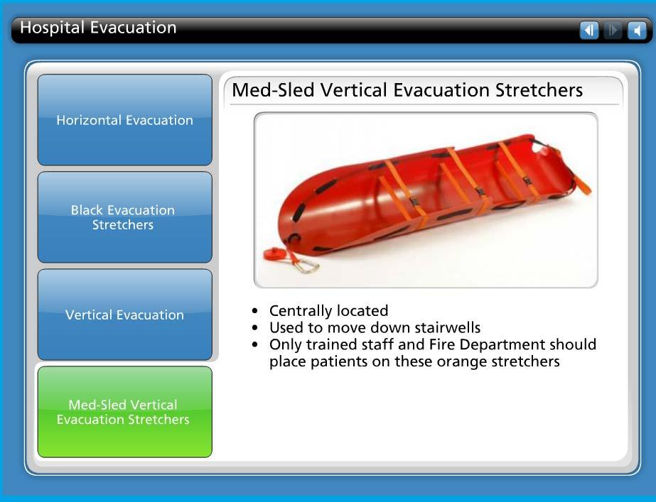 Med-Sled vertical evacuation stretchers - These stretchers will be centrally located on clinical floors.