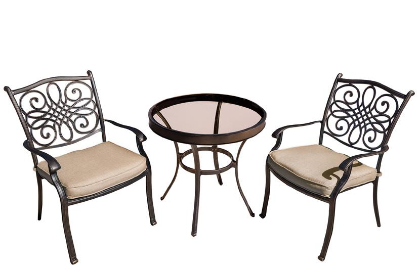 cushions and a 48 cast-top table Includes four swivel rockers with tan cushions and a 48 cast-top table Includes four stationary chairs with tan cushions