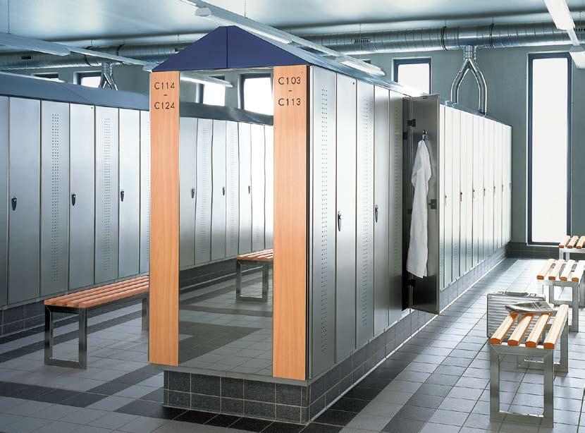 5 6 7 8 View of the locker system with ventilation duct, HPL elements in beech decor and mirror surfaces made of Mirror super polish stainless steel.