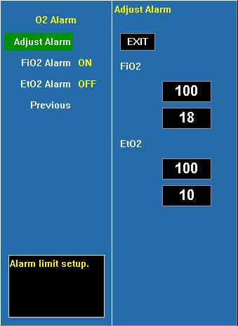FiAA alarm FiAA over limit alarm. Select <ON> to enable FiAA over limit alarm; select <OFF> to disable O 2 alarm Click and open the dialog of O 2 alarm.