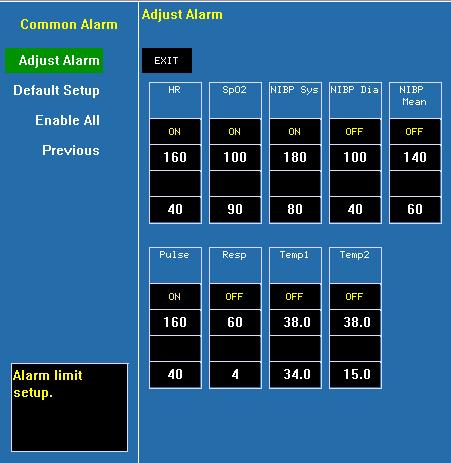 Common Alarm Click and open the dialog of common parameters alarm. It can setup the alarm limits of common parameters.