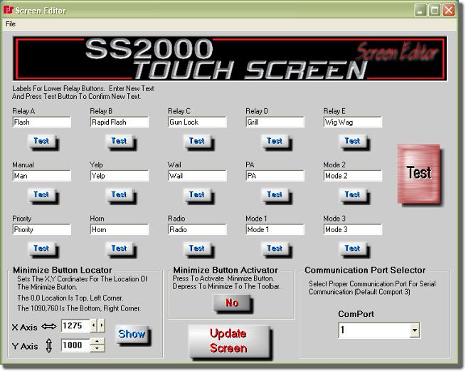 Vehicle Operation 10 The Screen Editor software is divided into four sections: 1. Minimize button locator - sets the location of the minimized program.